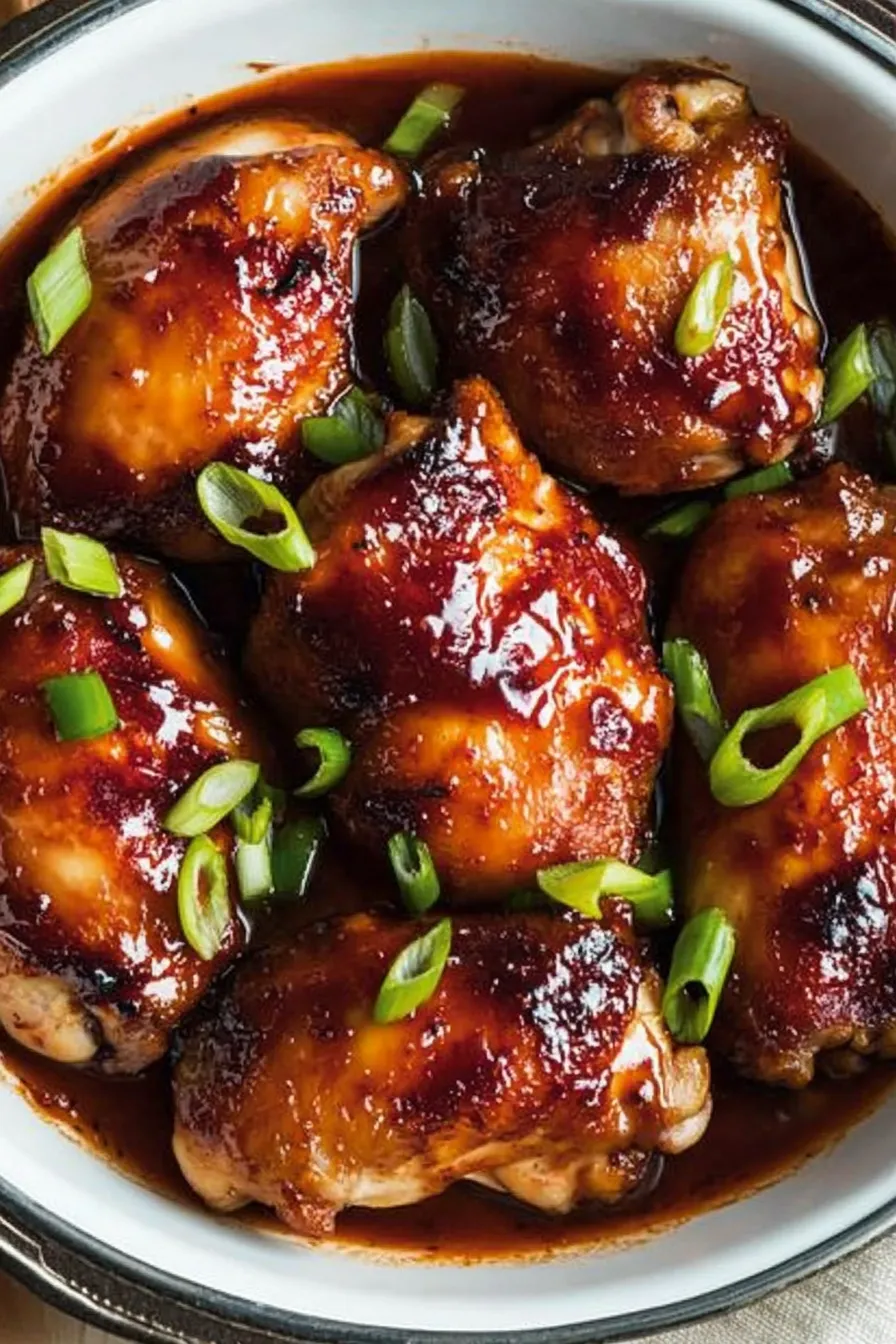Spicy chicken recipes for dinner with sweet chili glaze and green onion garnish in a white bowl