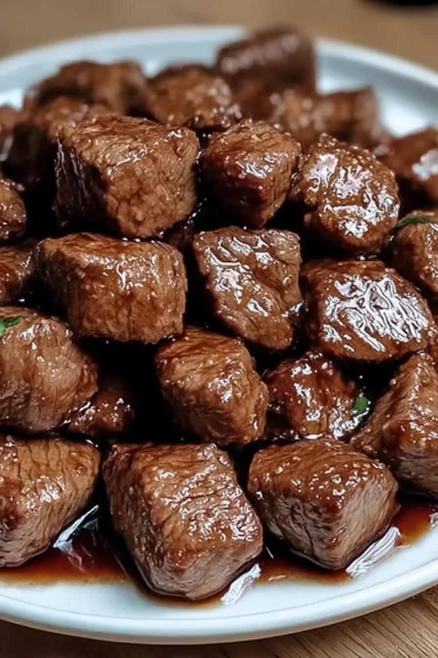Juicy and tender cubed steak bites with a glossy brown sauce, served on a white plate with a neutral background.