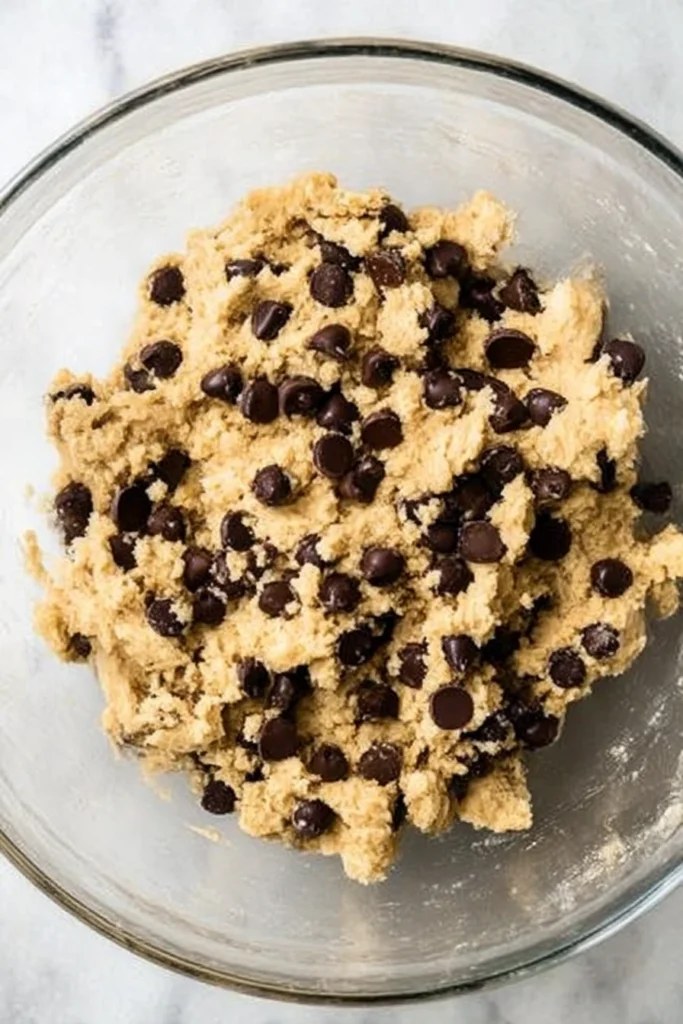 Top-down view of a glass bowl filled with thick chocolate chip cookie dough with glossy semisweet chocolate chips on a light marble countertop.