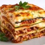 Delicious Zucchini Lasagna Recipe: Your Summer Low-Carb Comfort Food 7 Delicious zucchini lasagna recipe slice with golden melted mozzarella, creamy cheese layers, and rich ground beef sauce, served on a light grey plate with parsley garnish.