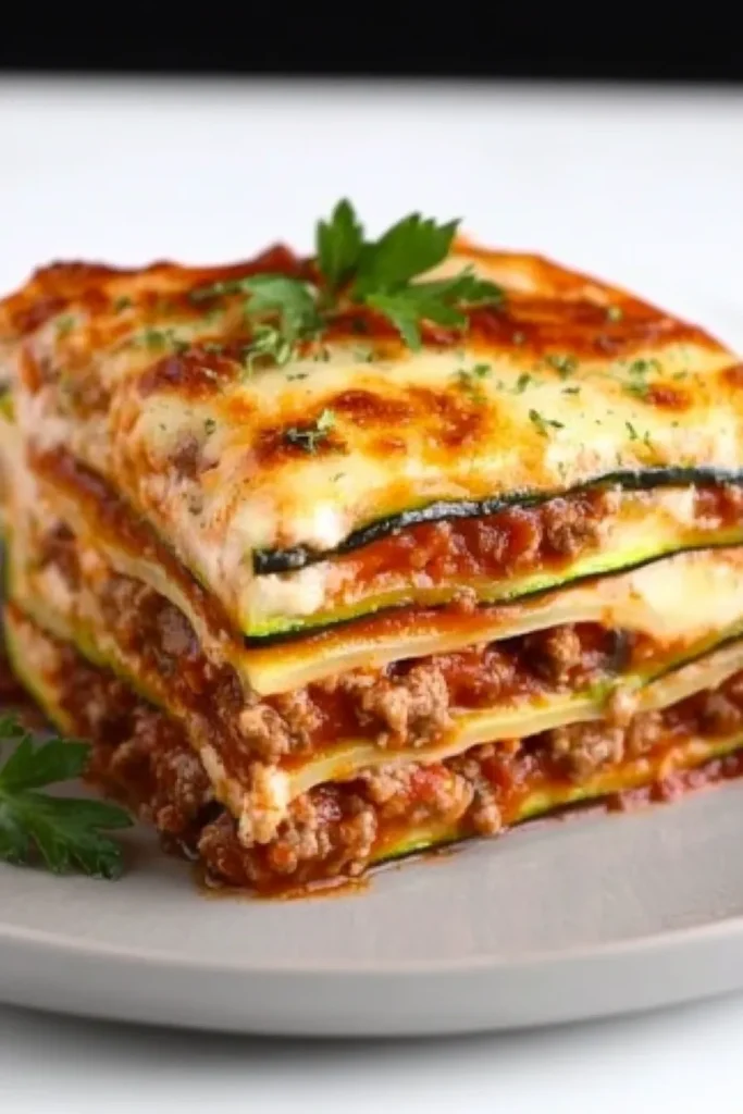 Delicious Zucchini Lasagna Recipe: Your Summer Low-Carb Comfort Food 6 Close-up of a thick slice of zucchini lasagna with golden melted mozzarella, ground beef tomato sauce, creamy cheese layers, served on a light grey plate with parsley garnish.