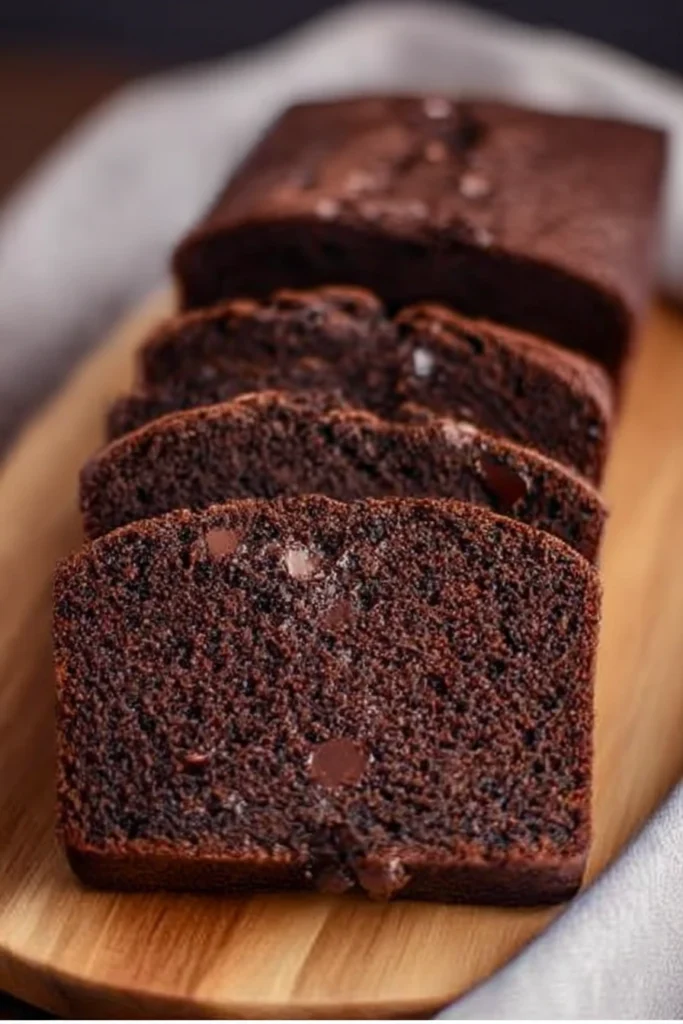 Chocolate Zucchini Bread Recipe – Moist, Rich, and Dairy-Free 4 Close-up of moist chocolate zucchini bread slices with a rich dark crumb and melted chocolate chips on a rustic board