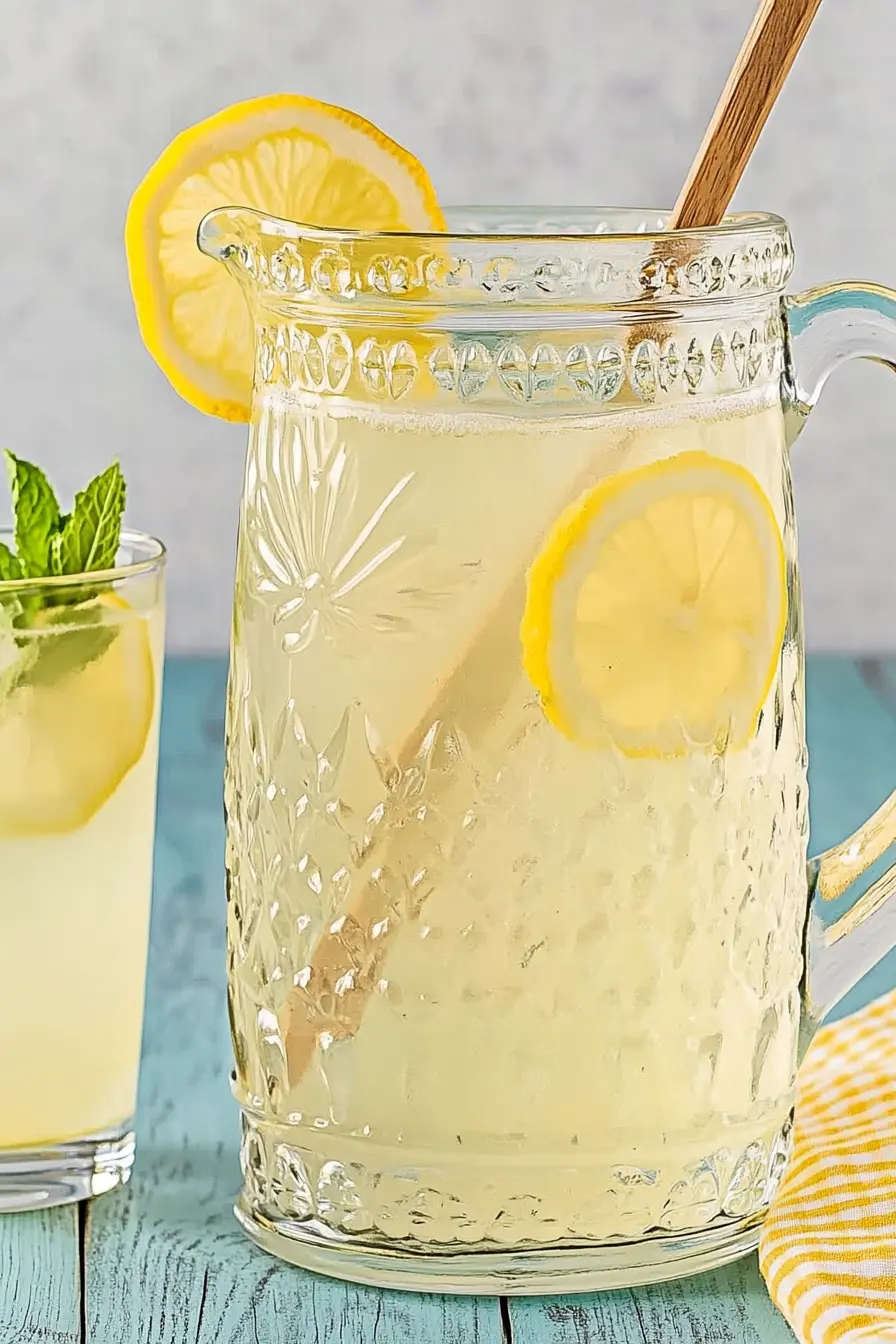 Vintage-style glass pitcher filled with three ingredient homemade lemonade, garnished with lemon slices, next to a glass of lemonade on a rustic table.