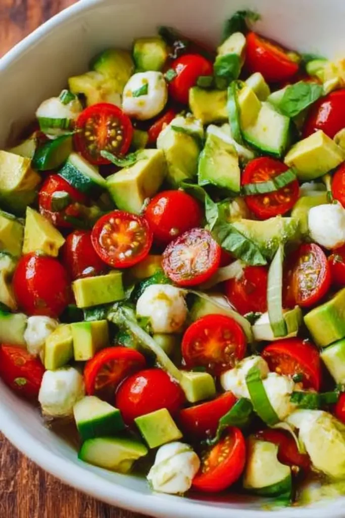 Tomato Cucumber Mozzarella Salad – A Refreshing Summer Delight 6 Close-up of tossed tomato cucumber mozzarella salad with cherry tomatoes, avocado, cucumber, mozzarella pearls, and fresh basil in a white bowl on rustic wooden table
