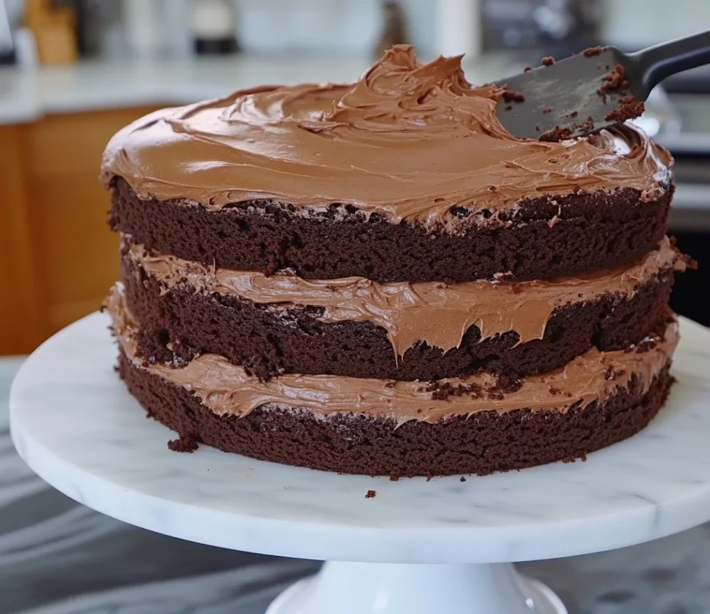 Partially assembled triple chocolate cake with layers of chocolate buttercream