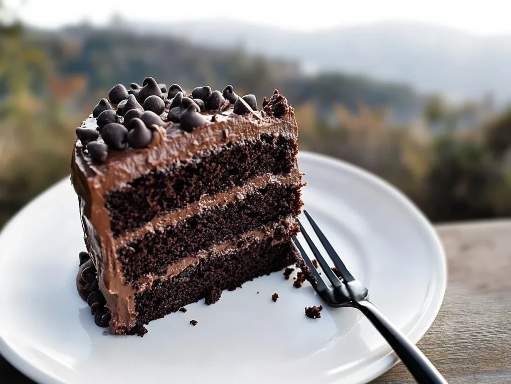 Triple chocolate cake slice with chocolate buttercream and chocolate chips on a plate