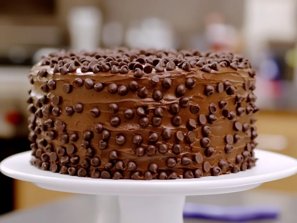 Triple chocolate cake decorated with rows of chocolate chips on chocolate buttercream