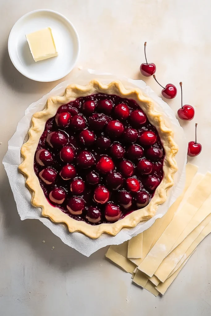 The BEST Cherry Pie Recipe in progress with sweet cherry filling in a pie crust and unbaked lattice strips ready on parchment paper.