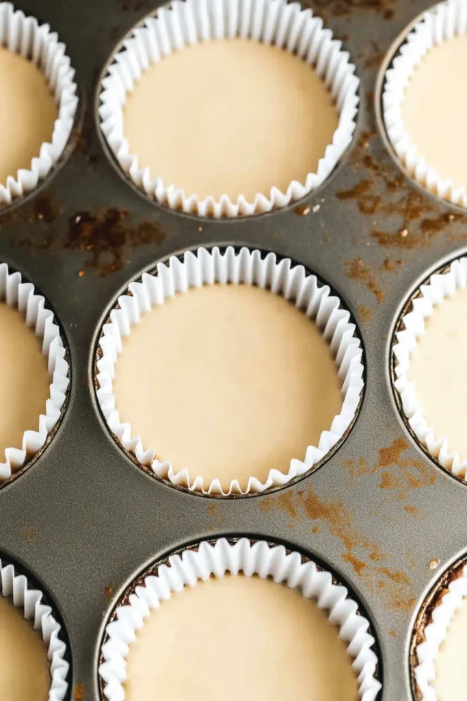 Mini Coffee Cheesecakes – Easy Father’s Day Dessert Recipe 12 Unbaked mini coffee cheesecakes in white liners with smooth coffee-colored batter in a muffin tin