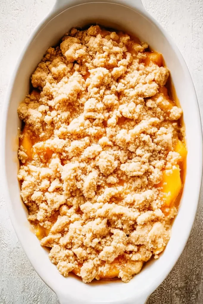 Unbaked peach cobbler in a white dish topped with raw biscuit dough