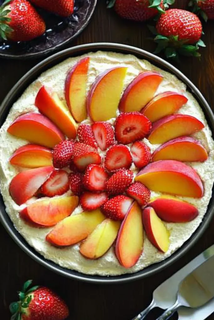 Delicious Strawberry Peach Cake Recipe for Summer 4 Uncooked strawberry peach cake in a springform pan topped with fresh peach slices and strawberry halves, on a dark mahogany wooden table with fresh peaches and strawberries nearby.