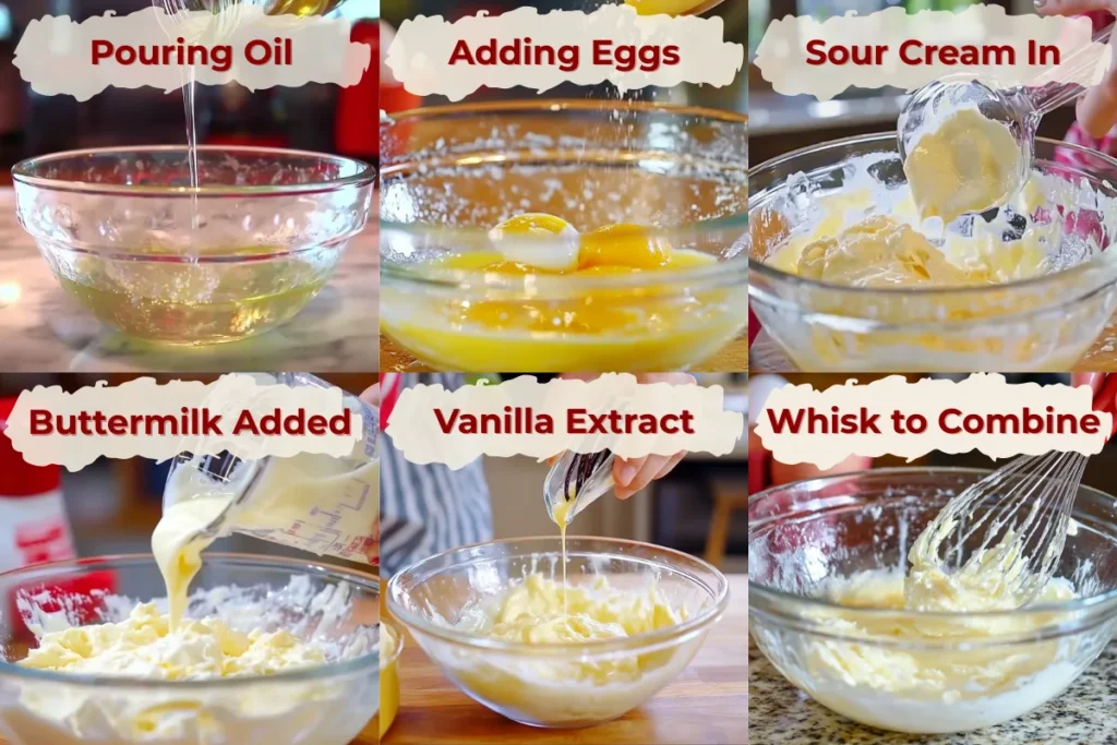 Step-by-step mixing of wet ingredients for triple chocolate cake in six frames