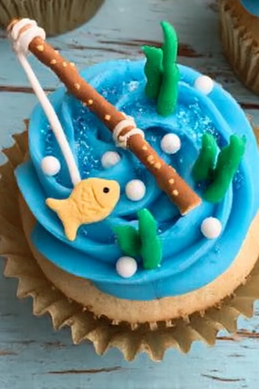 Gone Fishing Cupcakes decorated with blue frosting, pretzel stick fishing poles, goldfish crackers, fondant greenery, and sugar pearl bubbles.