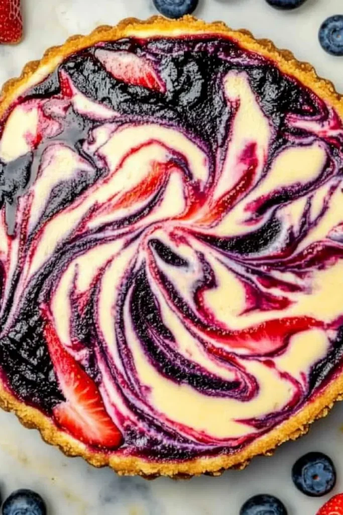 Berry Swirl Cheesecake: A Creamy, Fruity Dream Dessert 6 Top-down view of a whole berry swirl cheesecake with vibrant purple and red berry swirls on creamy filling, golden graham cracker crust, garnished with fresh strawberries and blueberries on a rose-toned marble plate