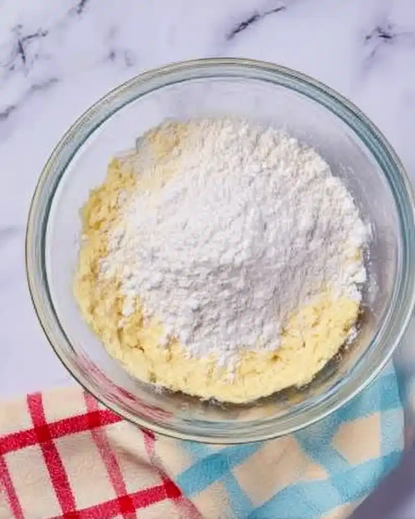 Patriotic Sugar Cookie Bars – Easy 4th of July Dessert Recipe 11 Flour and baking powder added to wet cookie dough in a glass bowl on a marble countertop.