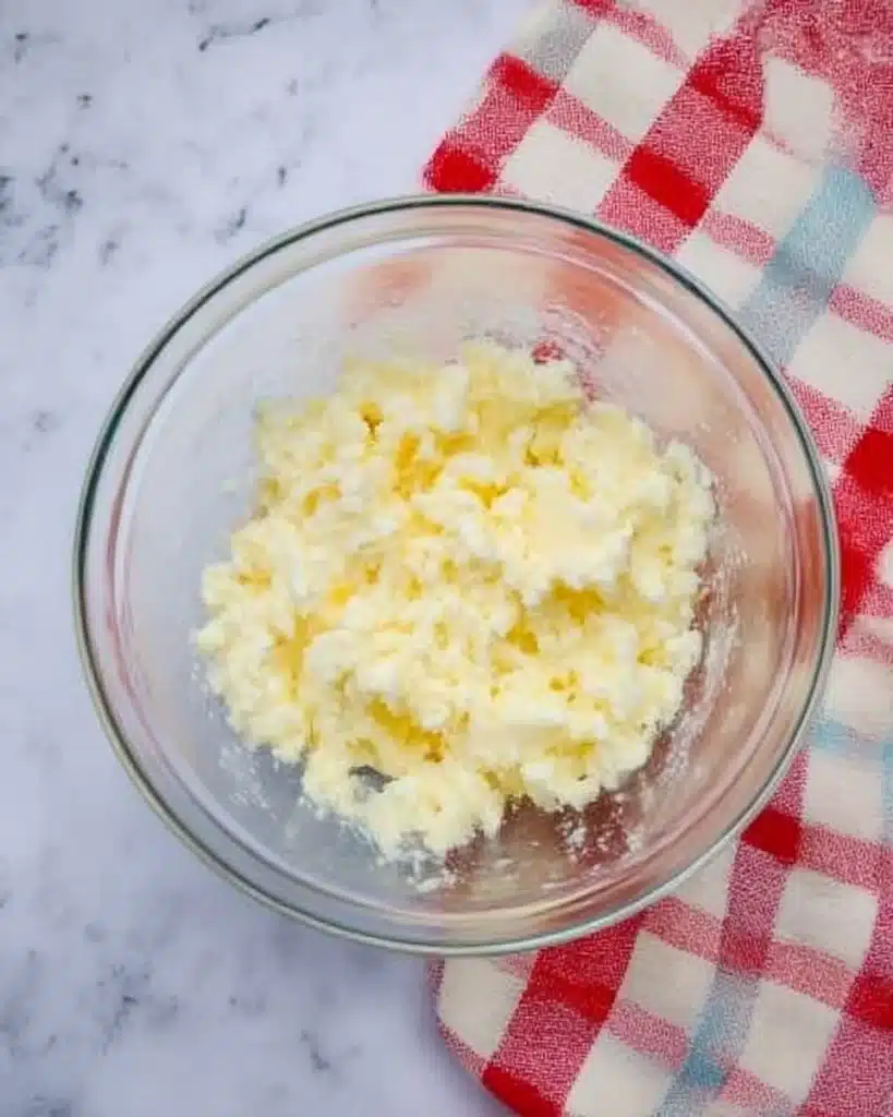 Patriotic Sugar Cookie Bars – Easy 4th of July Dessert Recipe 9 Creamed butter and sugar in a glass mixing bowl on a marble countertop with a red checkered towel.