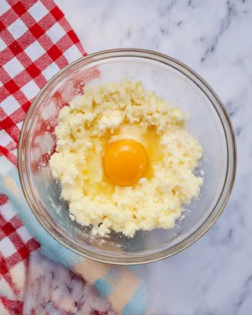 Patriotic Sugar Cookie Bars – Easy 4th of July Dessert Recipe 10 A raw egg and vanilla extract added to creamed butter and sugar in a mixing bowl on a marble surface.
