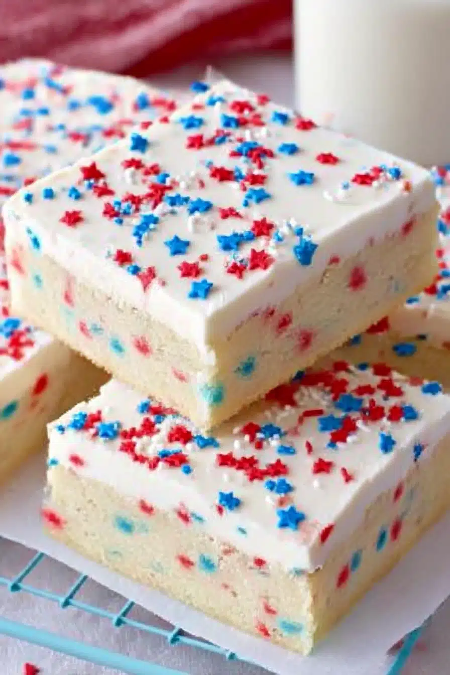 Patriotic sugar cookie bars with white frosting and red, white, and blue star sprinkles stacked on a cooling rack.