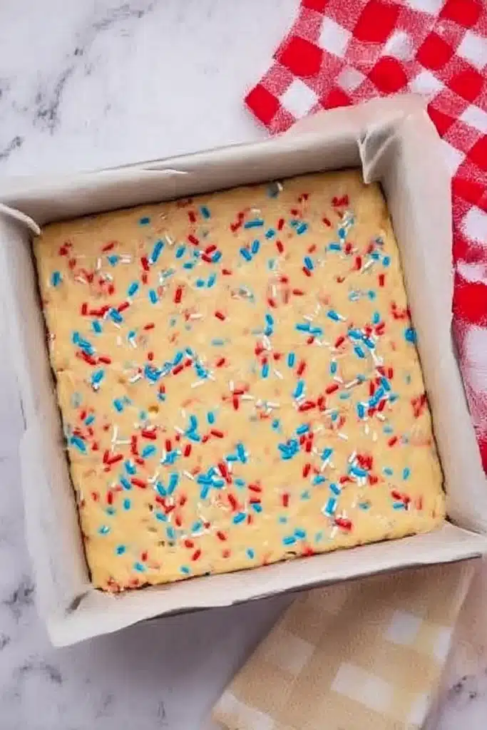 Patriotic Sugar Cookie Bars – Easy 4th of July Dessert Recipe 12 Unbaked patriotic sugar cookie dough in a parchment-lined square pan with red, white, and blue sprinkles.