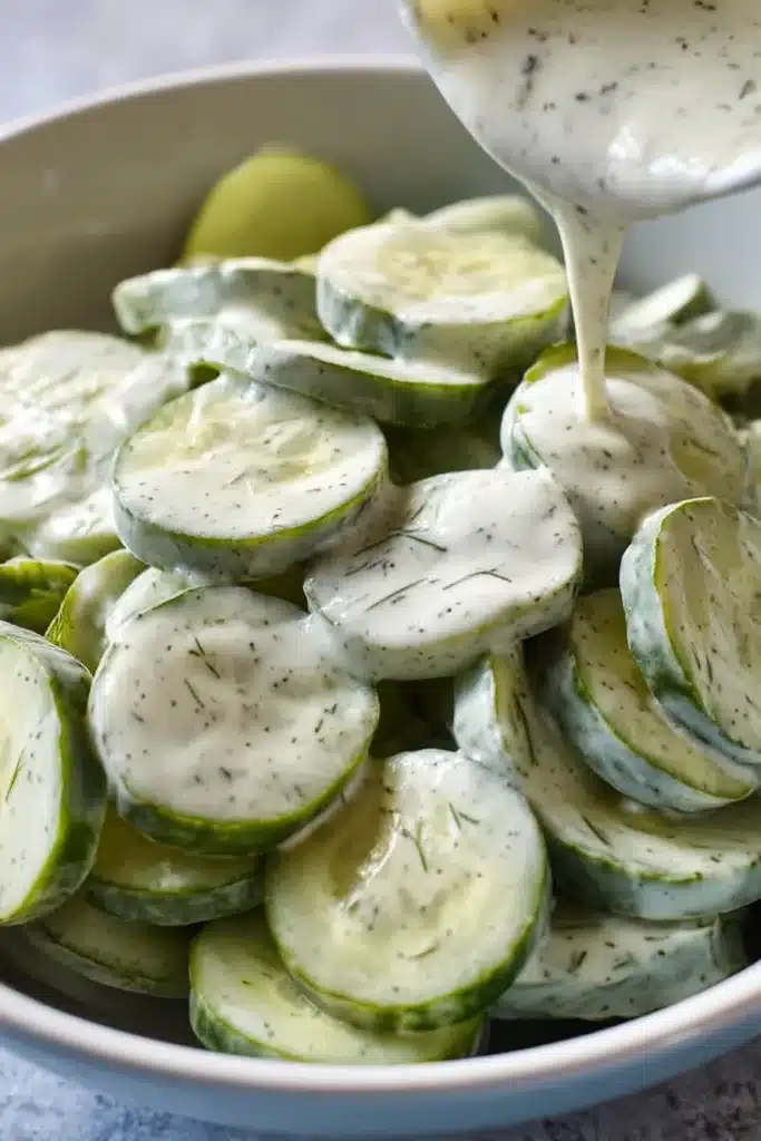 Pouring creamy dill dressing over sliced cucumbers in a white bowl

