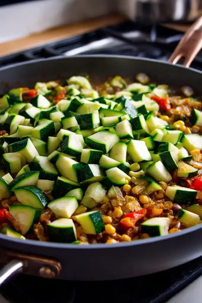 Chicken and Zucchini Recipe: Easy One-Pan Dinner Idea 10 Freshly chopped zucchini added to a skillet of sautéed vegetables including bell peppers, beans, corn, and tomatoes