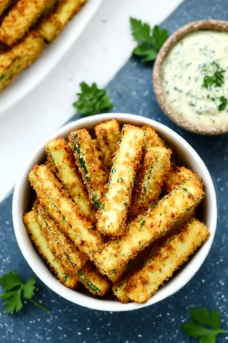 Golden crispy air fryer zucchini fries in a white bowl with dipping sauce and parsley on a speckled background.