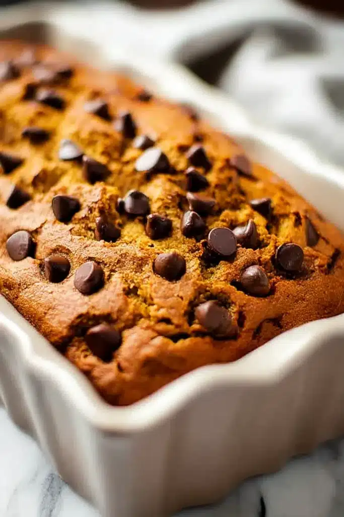 Chocolate Chip Pumpkin Bread – Amazing Fall Favorite Recipe 11 Freshly baked chocolate chip pumpkin bread in a white ceramic loaf pan