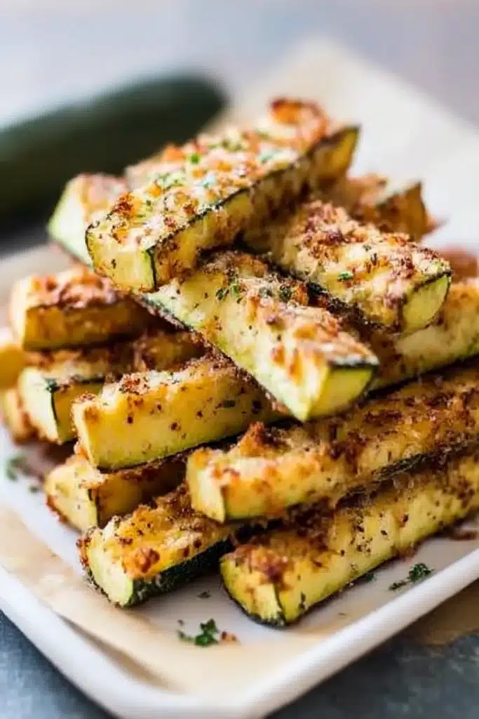 Baked Parmesan Zucchini Fries – Crispy, Cheesy, and Guilt-Free 4 Tray of crispy baked Parmesan zucchini fries fresh from the oven on parchment paper.