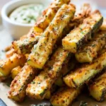 Baked Parmesan Zucchini Fries – Crispy, Cheesy, and Guilt-Free 5 Crispy baked Parmesan zucchini fries with creamy garlic dip and parsley on a rustic wooden board.