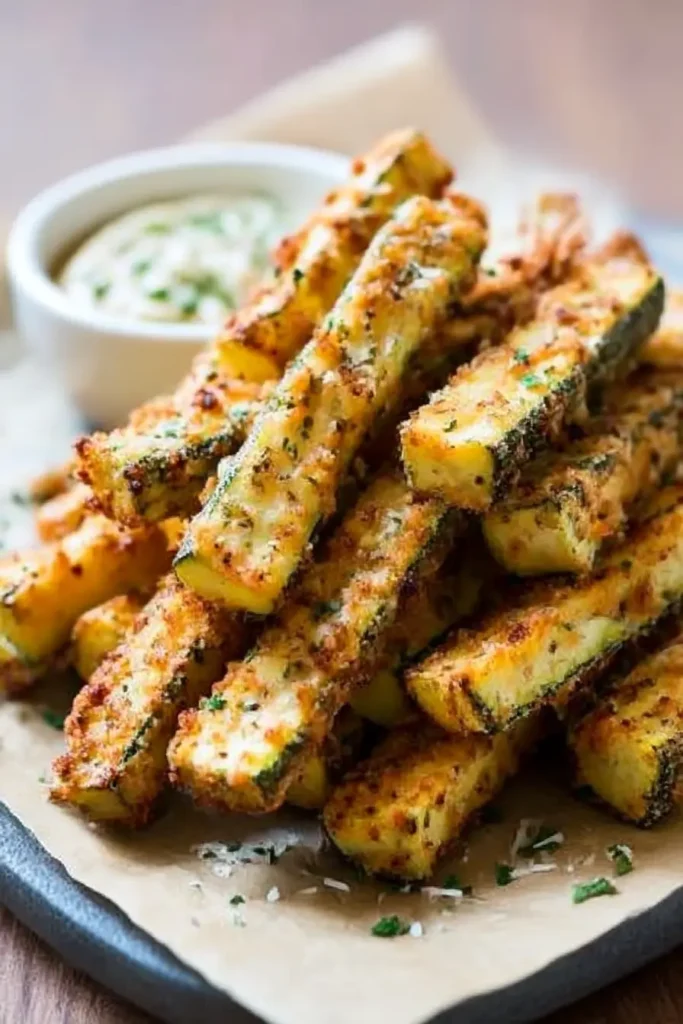 Crispy baked Parmesan zucchini fries with creamy garlic dip and parsley on a rustic wooden board.