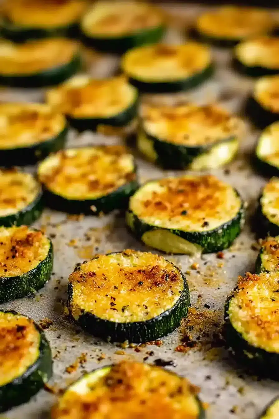 Crispy baked zucchini slices topped with golden-browned parmesan cheese, roasted on a ceramic tray with black pepper and herbs