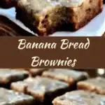 Banana Bread Brownies | Moist, Frosted & Easy Dessert Bars 3 Moist banana bread brownies topped with glossy browned butter frosting, arranged on a plate with visible banana specks and soft texture.