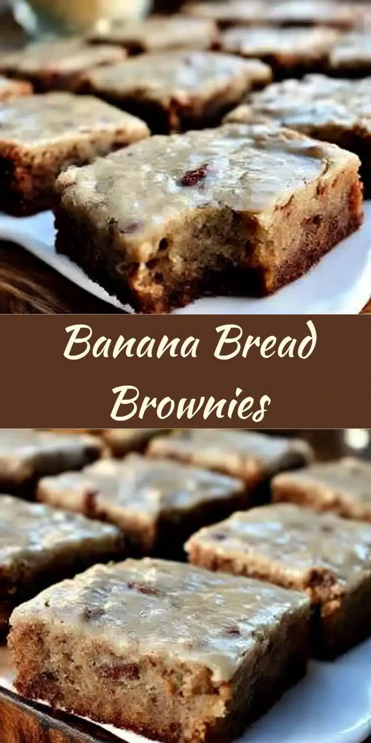 Moist banana bread brownies topped with glossy browned butter frosting, arranged on a plate with visible banana specks and soft texture.