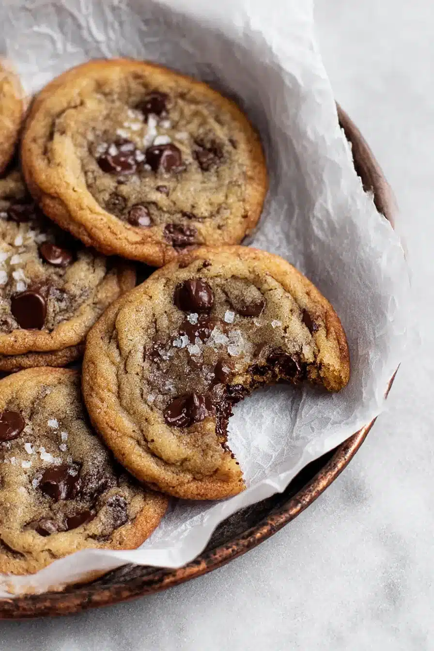 Soft banana bread chocolate chip cookies with melty chocolate chips and sea salt in a rustic tray, one cookie with a bite taken out