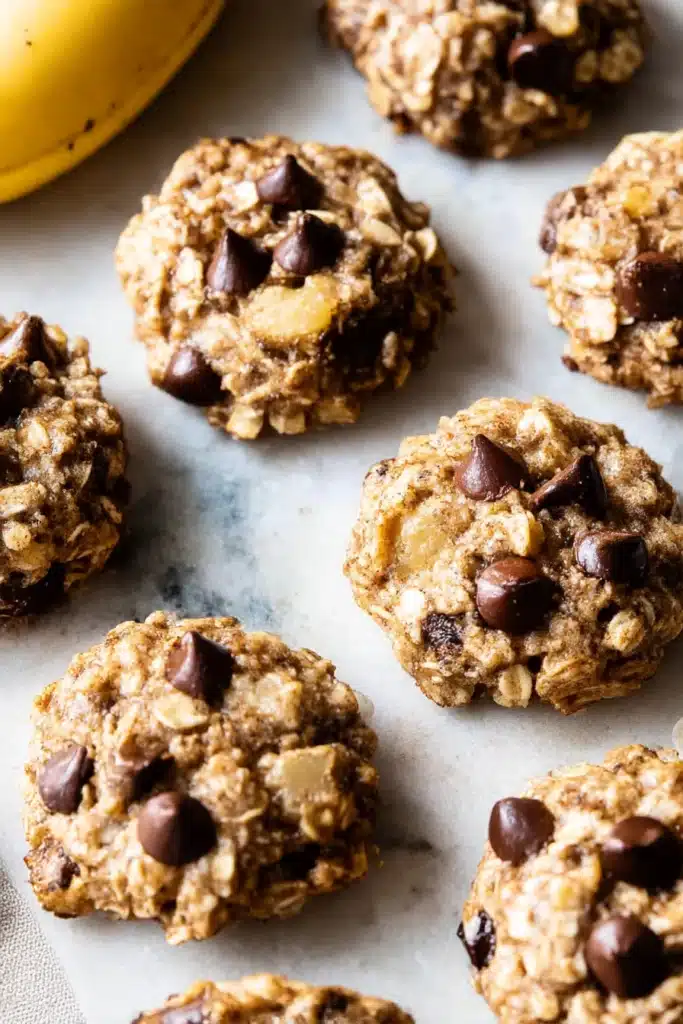 Banana oatmeal cookies loaded with chocolate chips, freshly scooped and ready for baking on a light stone surface.

