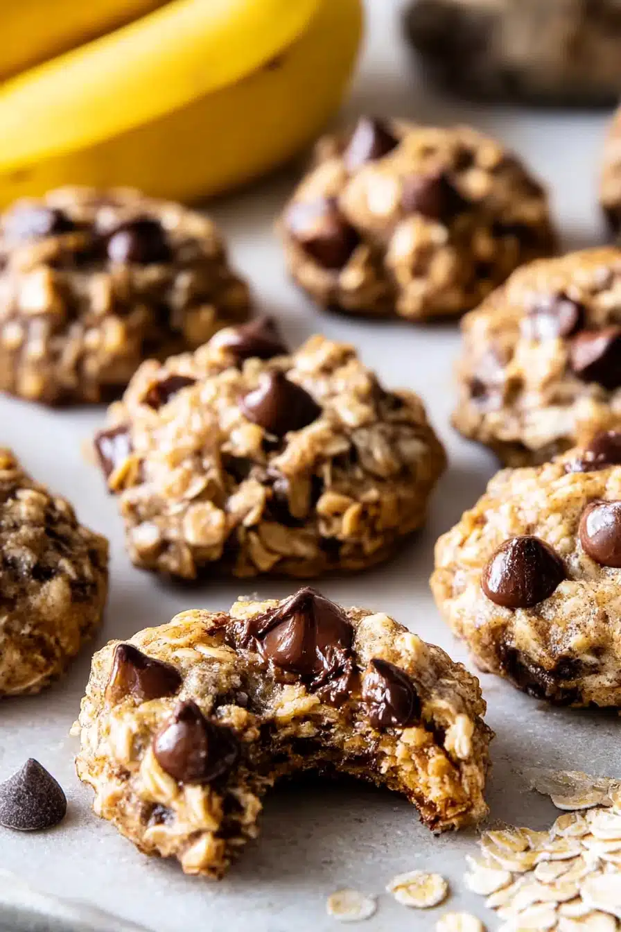 Soft banana oatmeal cookies with chocolate chips on a light surface, one cookie bitten to show gooey chocolate center.