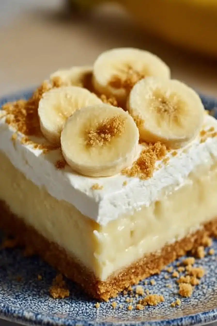 Close-up of a banana pudding cheesecake bar with whipped cream, banana slices, and graham cracker crust on a plate.