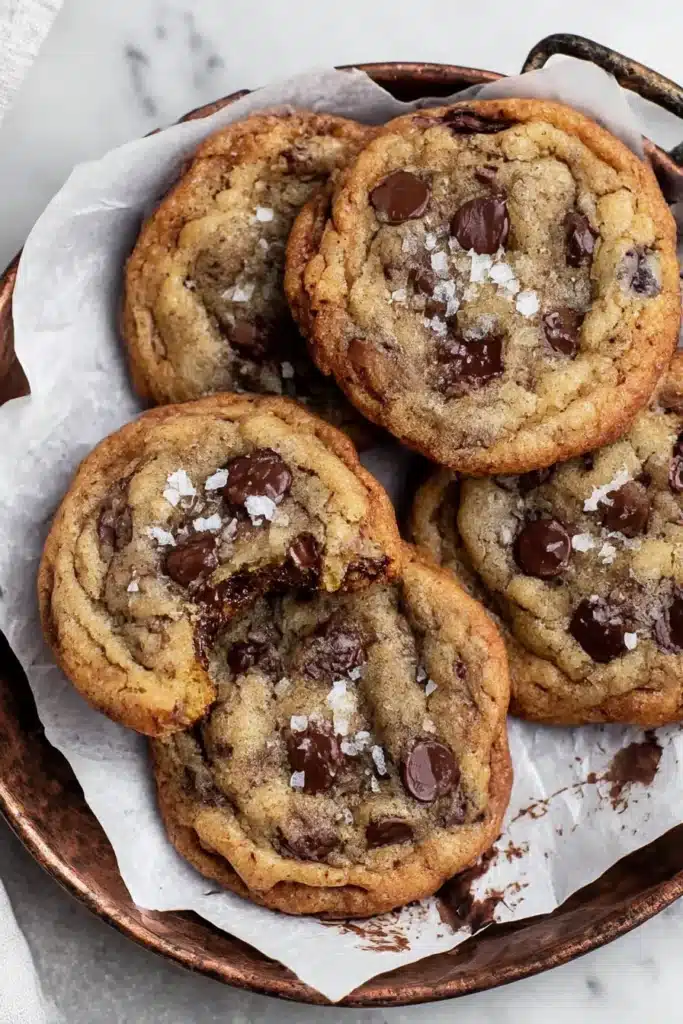 Overhead view of bitten banana bread chocolate chip cookie with melty chocolate and sea salt in rustic tray

