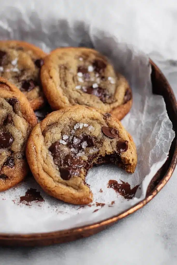 Close-up of a bitten banana bread chocolate chip cookie with melted chocolate on parchment in a rustic tray

