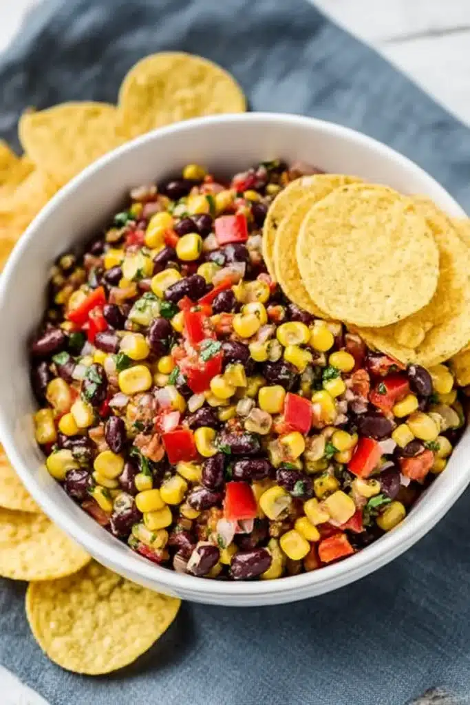 Fresh black bean corn salsa with tortilla chips in a white bowl on a striped cloth
