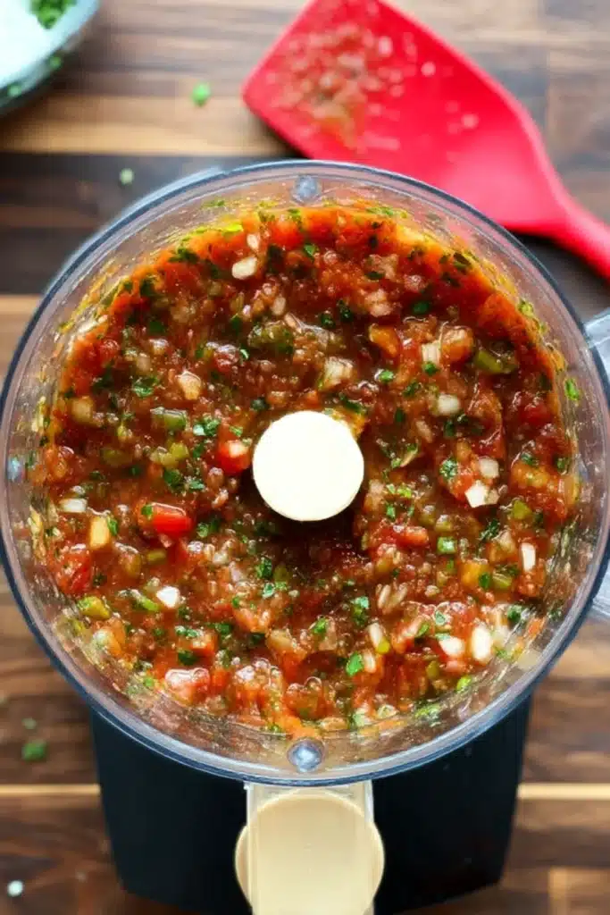 Easy Peach Salsa Recipe – Sweet, Spicy, and Bursting with Summer Flavor 10 Freshly blended peach salsa in a food processor with visible herbs, onions, and tomato chunks