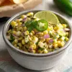 Copycat Chipotle Corn Salsa – Just Like the Real Thing! 9 Fresh corn salsa in a ceramic bowl with red onion, jalapeño, cilantro, and lime on a striped linen tablecloth