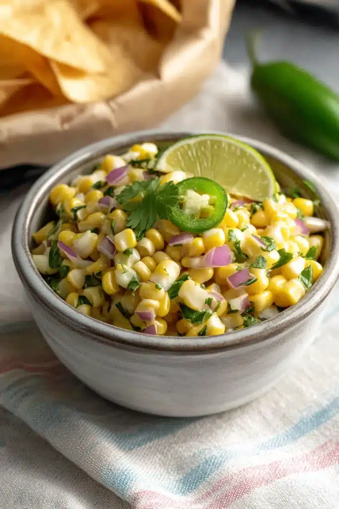 Fresh corn salsa in a ceramic bowl with red onion, jalapeño, cilantro, and lime on a striped linen tablecloth