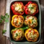 Stuffed Peppers Recipe That’s Easy, Cheesy, and Absolutely Satisfying 3 Baked stuffed bell peppers filled with meat, rice, tomatoes, and melted cheese, garnished with parsley in a baking dish.