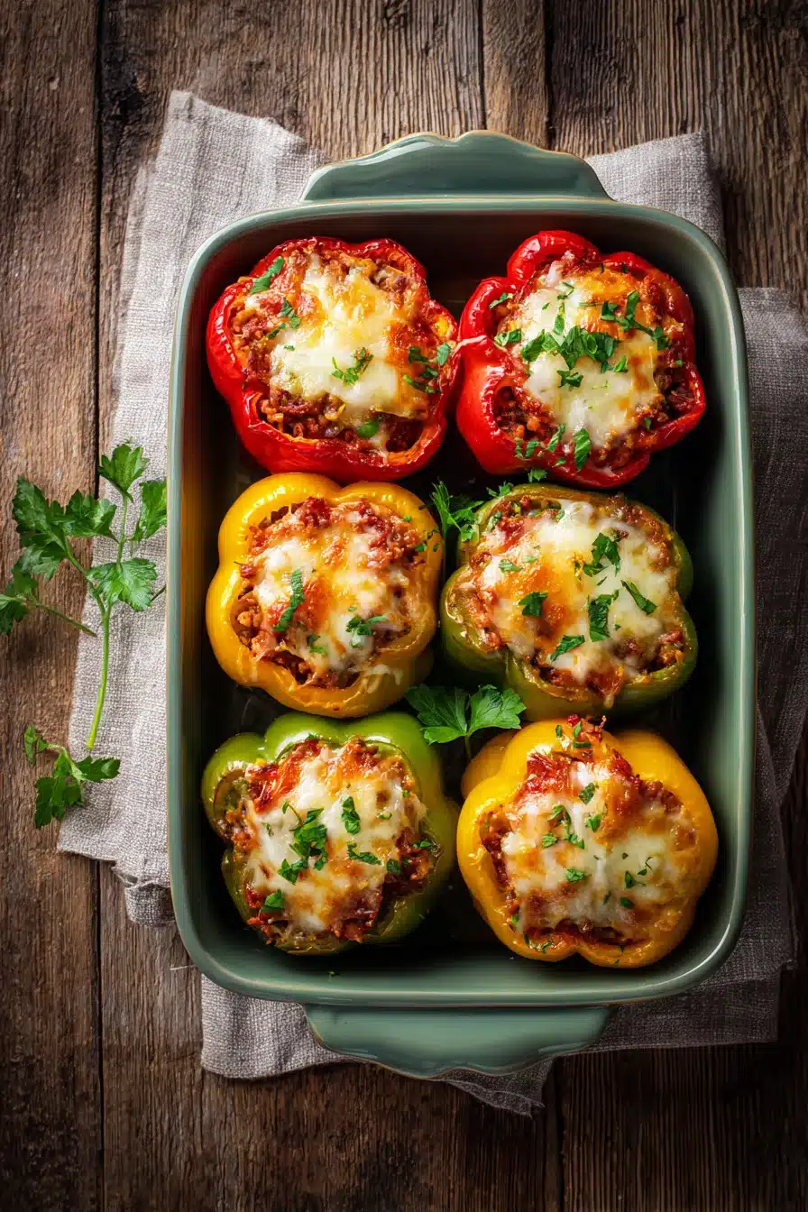 Baked stuffed bell peppers filled with meat, rice, tomatoes, and melted cheese, garnished with parsley in a baking dish.