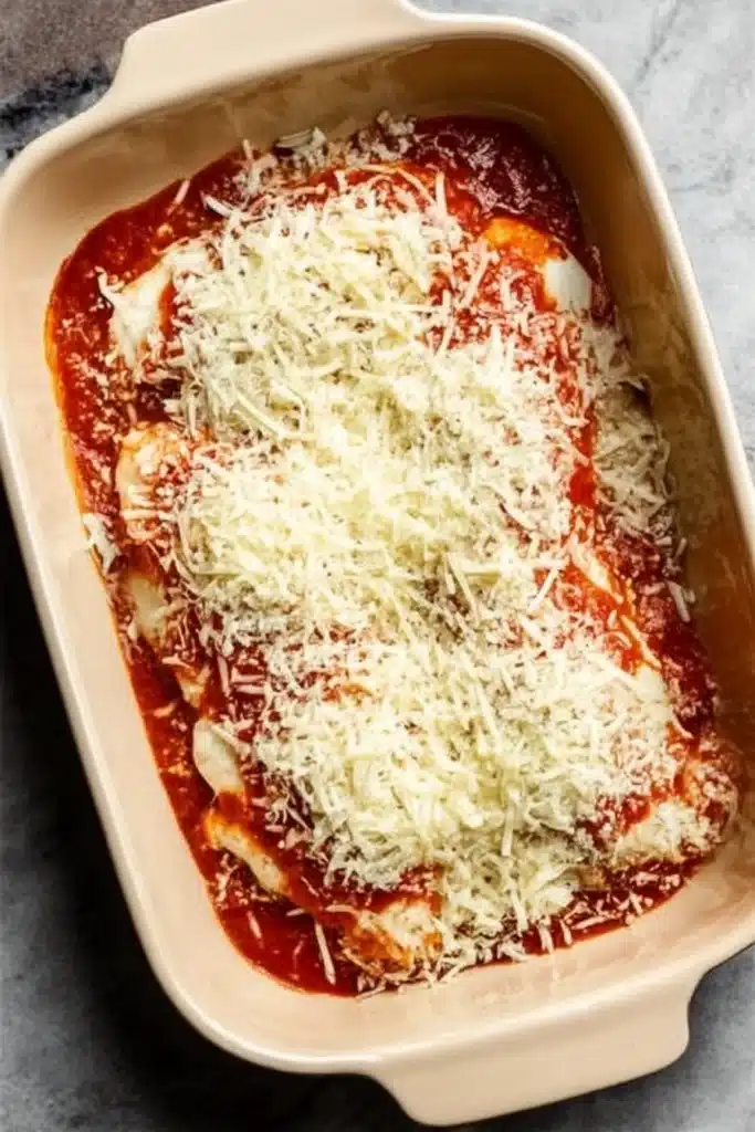 Cheesy Mozzarella Chicken Bake – Easy, Juicy & Irresistible 13 Unbaked cheesy mozzarella chicken bake with shredded cheese layered over marinara in a ceramic dish
