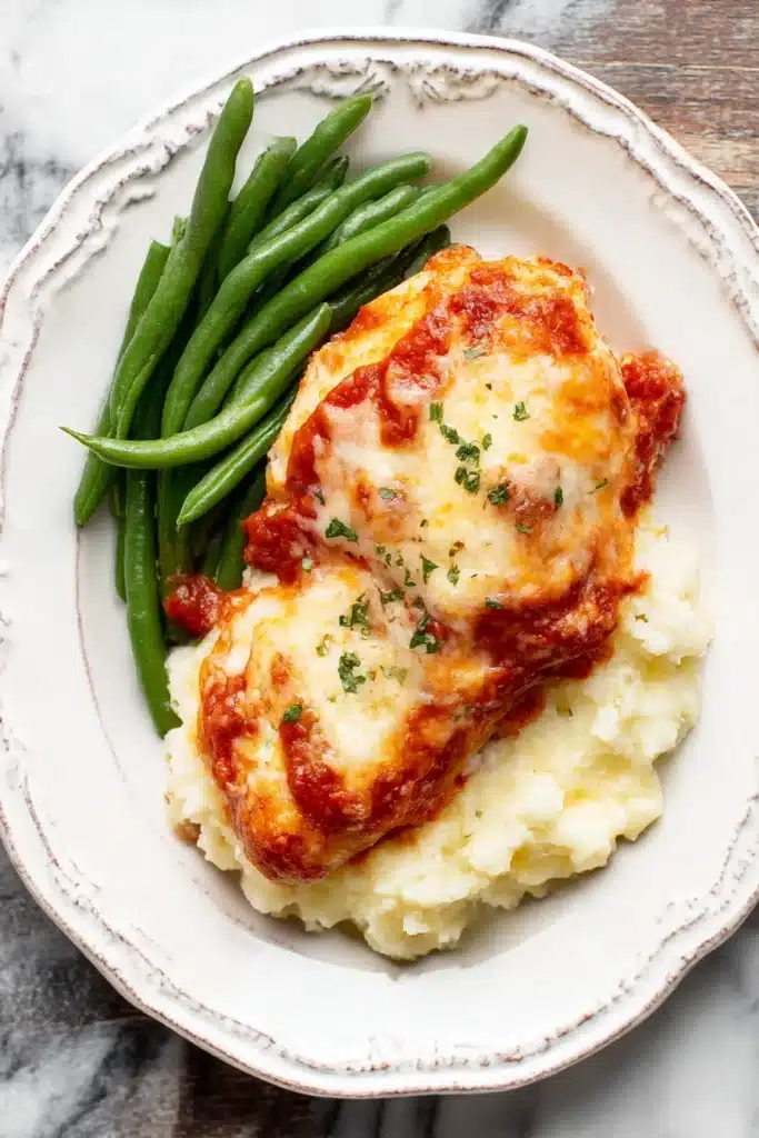 Cheesy Mozzarella Chicken Bake – Easy, Juicy & Irresistible 14 Plated cheesy mozzarella chicken bake with mashed potatoes and green beans