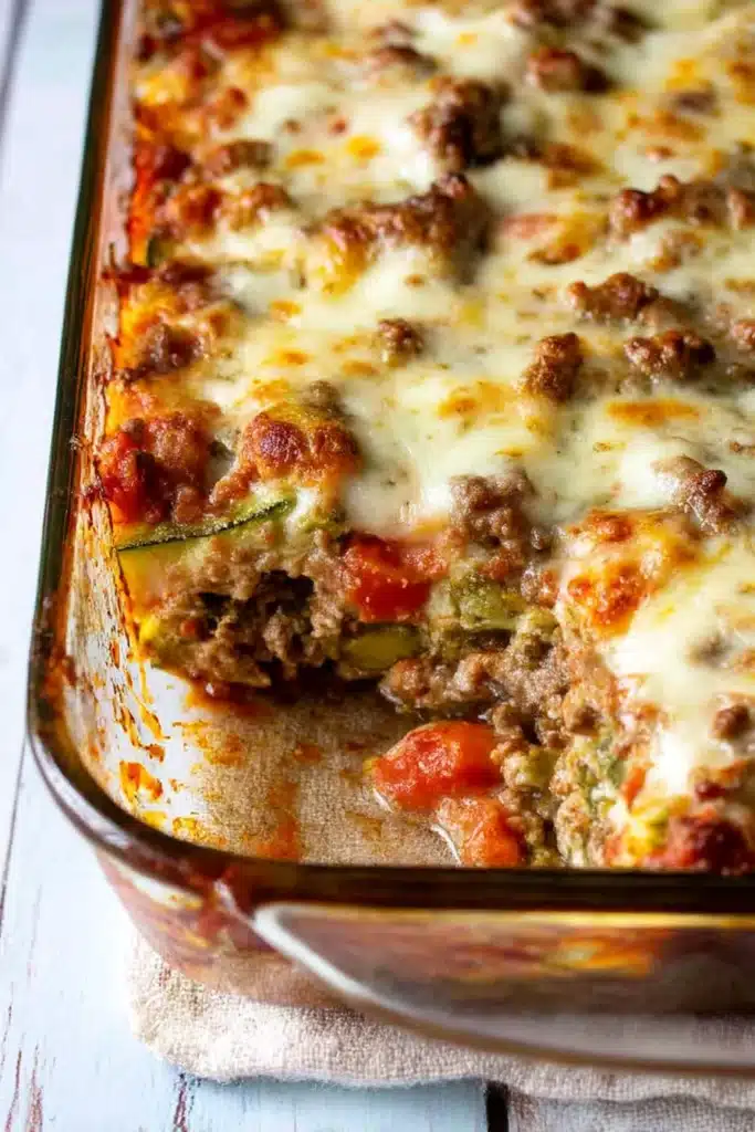 Cheesy baked ground beef zucchini casserole in a glass dish with golden bubbly top and visible tomato layers.