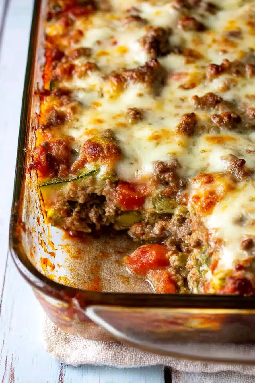 Cheesy baked ground beef zucchini casserole in a glass dish with golden bubbly top and visible tomato layers.