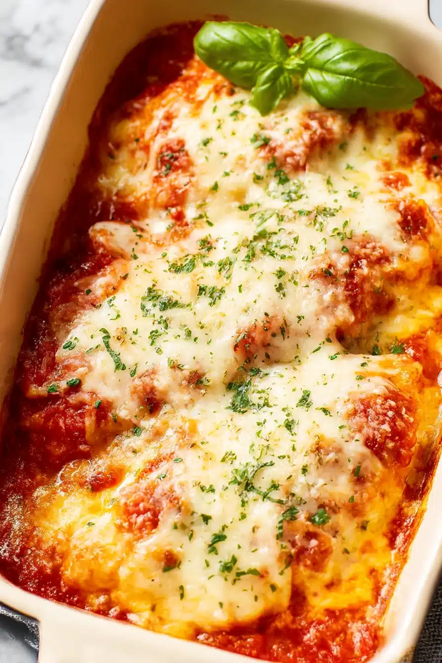Cheesy mozzarella chicken bake in a creamy tomato sauce, topped with golden melted cheese and fresh basil in a baking dish
